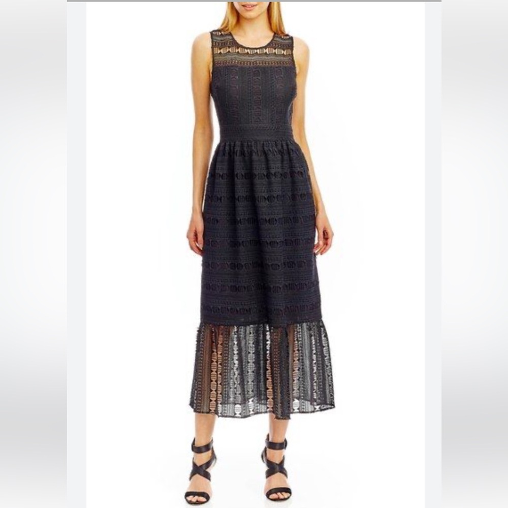 NICOLE MILLER Sleeveless Black Lace Illusion Yoke Midi Dress Very Good Cond (14)